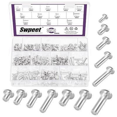 Swpeet 390Pcs 12 Sizes M3 M4 M5 M6 Aluminum Flat Head Semi Tubular Rivets Assortment Kit, Round Flat Head Semi Tubular Rivets in Silver Tone for Craft Repairs and Decoration