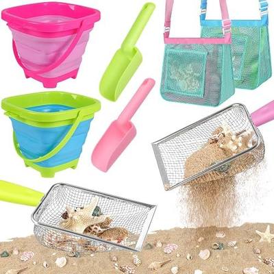 Beach Shell Collecting Set, Sand Toys with 2 Collapsible Buckets, Shark Tooth Sifters, Sand Scoops, Mesh Bags, Outdoor Exploration Tools & Treasure Hunt Toys for Kids, Family Beach Vacation Essentials