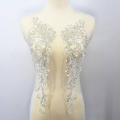 One Pair 3D Beaded Embroidery Sequin Lace Applique Sew On Flower Fabric Collar Patch for Wedding Gown Dress Bridal DIY Crafts(White)