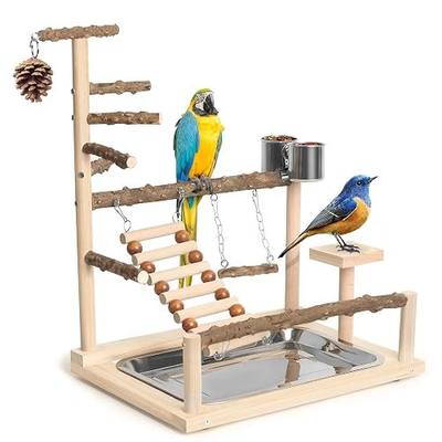 Wood Pet Parrot Playground Bird Play Stand Toys Perch with Feeder Cups for Cockatiel Parakeet Lovebirds Conure (Natural)