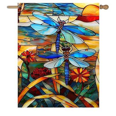 Stained Glass Dragonfly Garden Flag Spring Summer House Flag Fall Floral Decorative Yard Flags for Outside 28x40 Double Sided Large Seasonal Lawn Flags Rustic Outdoor Decor