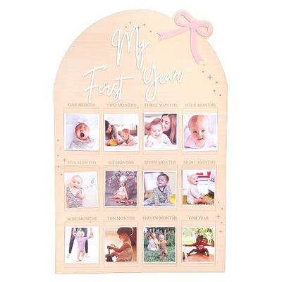 WAUAO Bow My First Year Birthday Board - One Year Of Photo Board,Monthly Milestone Wood Photo Board,First Birthday Decorations Girl,12 Months Photo Banner
