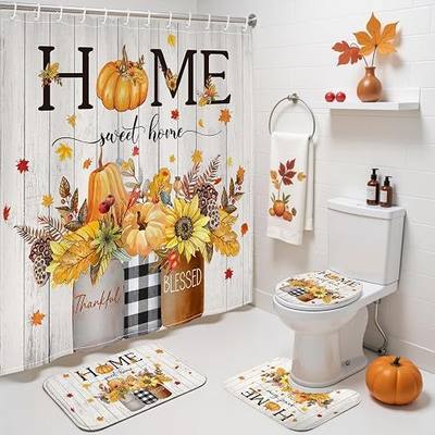 Mocsicka 4 Pcs Fall Shower Curtain Set Autumn Pumpkin Maple Leaves Sunflowers with Shower Curtain Non Slip Bathroom Rug Toilet Lid Cover and Bath Mat Fall Home Bathroom Decor Set (Yellow, 72''x 72'')