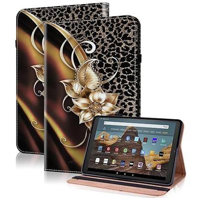 for Kindle Fire HD 10 Case 9th/7th/5th Generation 10.1 Inch (2019/2017/2015), PU Leather Wallet Cover with Pen Holder, Elastic Band & Card Slots for Kindle Fire HD 10 Case - Metallic Flower