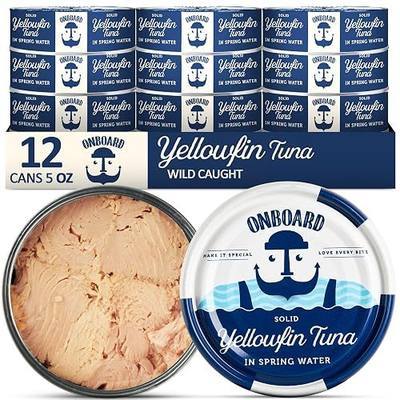 ONBOARD Premium Yellowfin Tuna in Spring Water - 12 Pack Solid Light 5 Oz Cans Sustainably Wild Caught Canned Tuna, Non GMO, Gluten Free, Tinned Fish 24g Protein – Ingredient Rich Tuna for Salad and Recipes