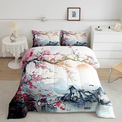 Feelyou Cherry Blossoms Comforter Set Full Size Kids Japanese Style Comforter for Boys Girls Teens Fuji Mountain Decor Home Decor Bedding Set Sakura Flower Duvet Set