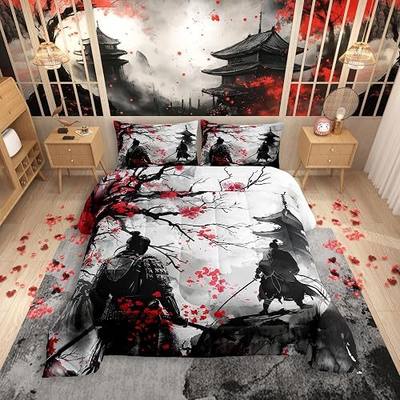 Feelyou Japanese Samurai Comforter Set - King Size Kids Ukiyoe Comforter for Boys & Girls - Cherry Blossoms Home Decor Bedding Set - Japanese-Style Duvet Set