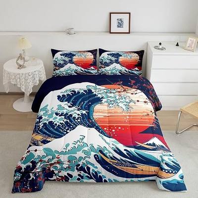 Feelyou Japanese Wave Comforter Set Twin Size Kids Cherry Blossoms Comforter for Boys Girls Teens Fuji Mountain Decor Home Decor Bedding Set Red Sun Japanese Style Duvet Set