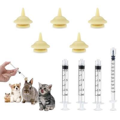 Kitten Feeding Nipples and Nursing Syringe, 5 Pcs Natural Rubber Nipples with 4 Pcs O-Ring Syringe (1 3cc), Reusable Newborn Pet Supplies Suitable for Kittens Puppies Bunnies Squirrels