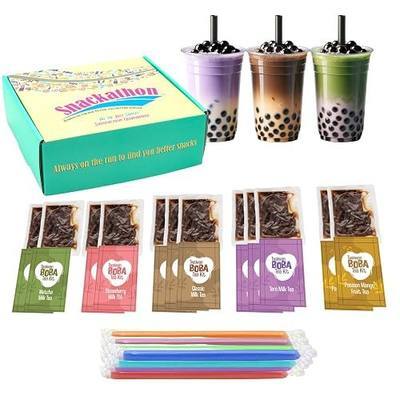 Snackathon Instant Bubble Pearl Variety Milk Fruity Tea Kit with Authentic Brown Sugar Caramel Tapioca Pearls, Ready in Under One Minute, Straws Included - Gift Box (12 Servings, 5 Flavors)