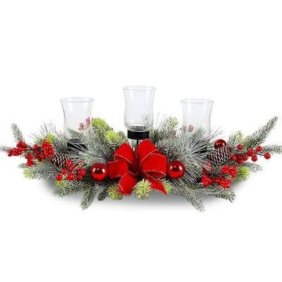 Red Christmas Table Centerpiece,Christmas Decoration Cedar with 3 Candlestick Glass Cup, Red Berry, Balls for Holiday Party, Home, Fireplace