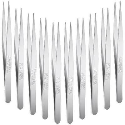 WILLBOND 10 Pcs Stainless Steel Tweezers Lab Forceps Long Tweezers with Flat Round Tip Hair Removal Tweezer Garden Tweezer Serrated Tip Straight 5 Inch for Plants, Craft, Electrical Repair