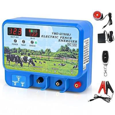 15.5J Electric Fence Charger, 15.5 Joules 600 Acres, Input 12V Output 12KV | AC DC 2 in 1 Powered Supply , with Display Remote and Alarm, Keep Out Predators, Contain Cattle Cow and Livestock