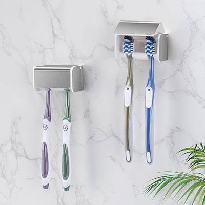 2 PCS Toothbrush Holders Wall Mounted with Cover (2, Brushed Silver) | Wall mounted, Detachable, Easy to clean, Breathable, 2 Slots Self Adhesive Toothbrush Organizer for Bathroom