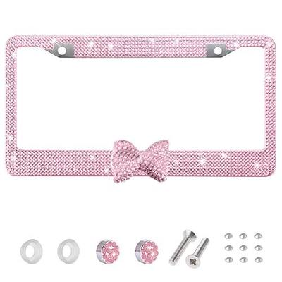 Rhinestone License Plate Frame, Pink Frame with Pink Bow, 1 Pack | Pink bow accent; sparkly rhinestones; mounting screw kit; silicone washers; standard US plates