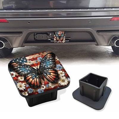 Trailer Hitch Cover, Butterfly with Wildflowers on American Flag Hitch Cover Rubber Towing Hitch Plug Covers, Square 2 Inch Receiver Tube Plug Cap for Trucks Cars SUVs