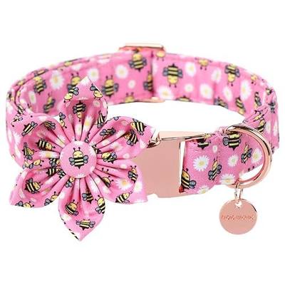 DOGWONG Pink Daisy Dog Collars with Detachable Bow - Summer Adjustable Cotton Dog Collar - Perfect Girl Dog Collar for Small Medium Large Dogs