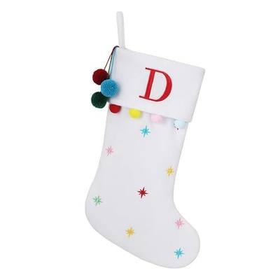 19" White Personalized Christmas Stocking—Embroidered Letter-D | Embroidered Fleece Stockings with Stars & Pom Poms, Holiday Fireplace Decor for Xmas Party,Festive Gift