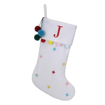 19" White Personalized Christmas Stocking—Embroidered Letter-J | Embroidered Fleece Stockings with Stars & Pom Poms, Holiday Fireplace Decor for Xmas Party,Festive Gift