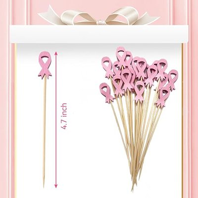 100 Pcs Breast Cancer Awareness Cocktail Picks Bamboo Skewers | Toothpicks for Appetizers, 4.7 Inch Pink Ribbon Cupcake Toppers Picks, Bamboo Sticks Charcuterie Accessories