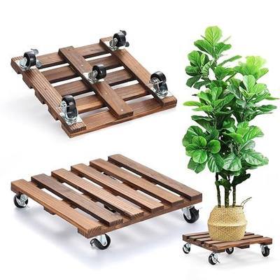 2 Pack Plant Stand with Wheels, 12" Rolling Plant Stand 264 LBS Heavy Duty Wooden Square Plant Caddy with Metal 360° Lockable Caster Wheels for Outdoor Indoor Large Plant Pots, Flower Pot, Patio
