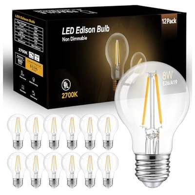 dalattin A19 Vintage LED Edison Bulbs, 60W Equivalent Light Bulbs, 2700K Soft White, Clear Glass Filament Bulb, Efficient 8W, E26 Base, 800 LM, CRI80+, Non-Dimmable for Home, Farmhouse, 12 Pack
