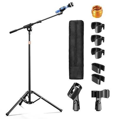 Mic Stand with Boom Arm with Carrying Bag and 2 Mics Clips, 1 Pack | Height Adjustable, Reverse Fold for Easy Storage, For Singing Performance, Home Studio Recording, Podcast and Stage