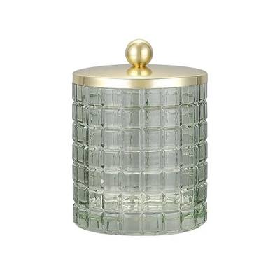 Sage Colored Tranlucent Apothecary Etched Geometric Grid Glass Jar W/Gold Metal Lid Cover for Bathroom Organization, Cotton Balls, Q Tips, and Small Accessories, Bathroom Storage