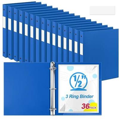 Henoyso 36 Pack 0.5 Inch Plastic 3 Ring Binder Round Ring, Bulk 1/2 Inch Flexible Binders Hold 140 Sheets Letter Size with Pocket, Document Organizer for Back to School Classroom Office (Blue)
