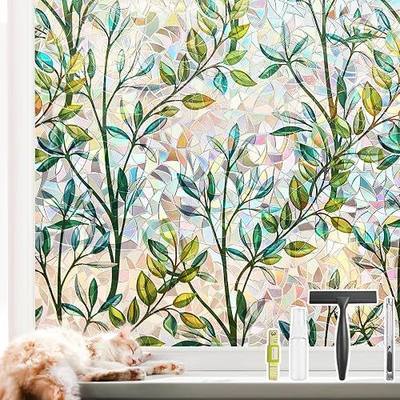 NINETREX Window Privacy Film Stained Glass Window Film 3D Decorative Cling,Sun Blocking Static Cling Removable Film for Glass Door,Home Decor Window Cover Non-Adhesive 17.5 x 78.7 inches,Leaf