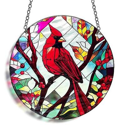 Red Bird Memorial Suncatcher, Memorial Panel Glass Stained Glass Indoor Window Art Wall Decor for Bird Lover.