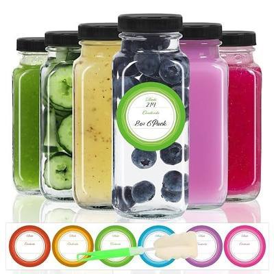 STARSIDE 8oz 6-Pack Glass Juice Bottles with Leak-proof Lids | Square Reusable Drinking Jars for Juicing, Milk, Kombucha - Includes 1 Bottle Brush, 6 Colored Labels