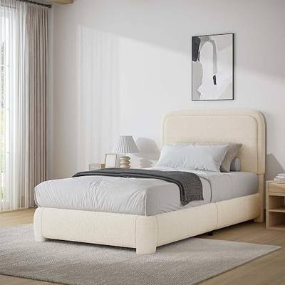 BarnFurin Twin Bed Frame, Cloud Boucle Headboard, Rounded Corners, Cream | Soft boucle and rounded edges create a low-profile cloud look. Wooden slats support the mattress without a box spring