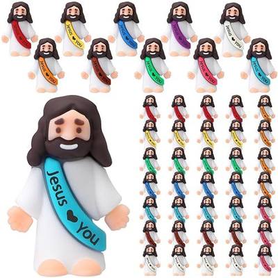 Bememo 50 Pcs Mini Jesus Figures Jesus Loves You Christ Toys Little Christ Figures to Hide and Seek Sunday School Religious Favors Gift(Multicolor)