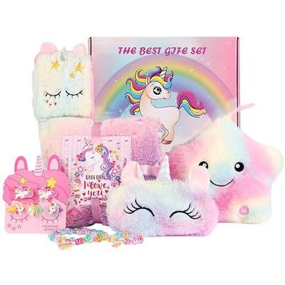 FIIOEOY Unicorn Gift Box for Girls Age 6-8, Unicorn Plush Toy Set with Glow in The Dark Blanket Light Up Star Pillow Eye Mask Crossbody Bag, Birthday Gifts for Daughter Niece