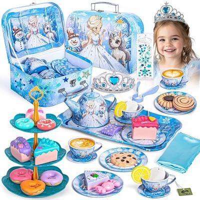 Hohosunlar Tea Party Set for Little Girls Toys, Princess Tin Tea Set for Kids with Teapot, Tea Cups, Play Food Dessert, Jewelry & Carrying Case, Christmas Birthday Gift for Girls 3 4 5 6 7 8 Year Old