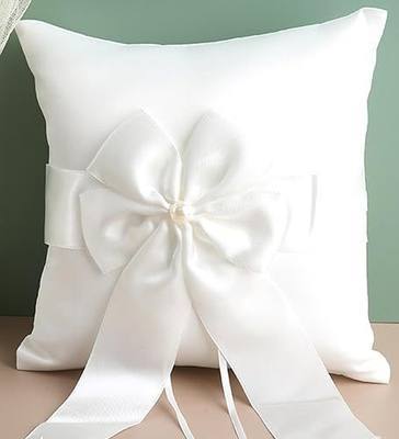 Wedding Ring Pillow Ivory Lace Pearl Satin Ribbon Big Bowknot Ring Bearer Cushion for Wedding Ceremony(8 inch)