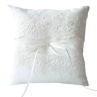 Wedding Ring Pillow Ivory Satin Ribbon Bow Pearls Lace Floral Embroidery Ring Bearer Cushion for Wedding Ceremony(8 inch)