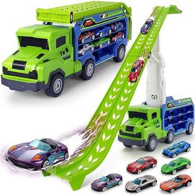 Kids Toys for 3 4 5 6 7 8 Years Old Boys, Carrier Truck Transport Car Toys, Foldable 2 Layer Car Race Track Playset with 25-in Race Track, 6 Metal Toy Cars, Birthday Toy Gift for Toddler Boys Girls