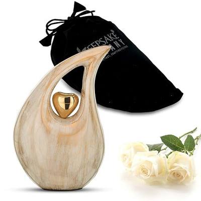 White Teardrop Small Urns for Human Ashes/Mini Urn with Sky Blue Heart/Cremation Keepsakes for Ashes/Ash Holders (White - Gold, Small - S (15 Cu in))