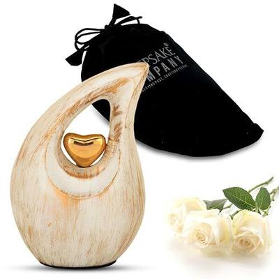 White Teardrop Small Urns for Human Ashes/Mini Urn with Sky Blue Heart/Cremation Keepsakes for Ashes/Ash Holders (White - Gold, Extra Small - EXS (3 Cu in))