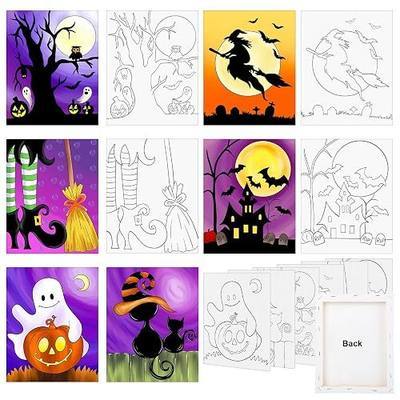 COCHIE 6 Pack 8x10 Inches Halloween Pre Drawn Canvas to Paint for Sip and Paint Party, Jack-O-Lantern Pre Printed Canvases, Ghost Bat Witch Pre Sketched Canvas for Painting for Adults, Kids