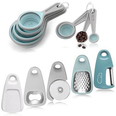 Kitchen Gadgets Set 13 Piece, Space Saving Cooking Tools Includes Cheese Grater, Pizza Cutter, Peeler, Bottle Opener, Garlic Grinder, Collapsible Measuring Cups Spoons for Small Kitchen RV Camp