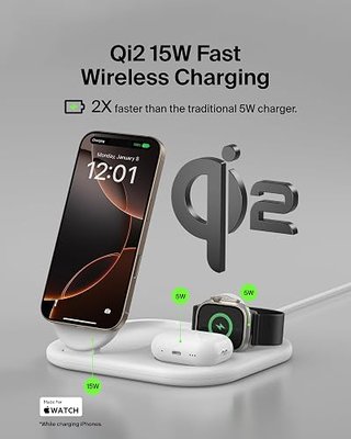 Belkin 3-in-1 MagSafe-Compatible iPhone Charger - Foldable Magnetic Qi2 Certified, MagSafe Charging Station for Phone, Apple Watch, AirPods - Wireless for Multiple Devices