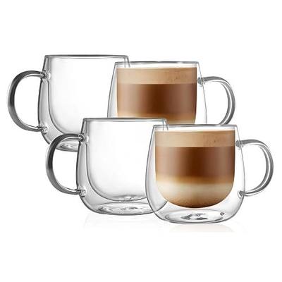 CNGLASS 16oz Double Walled Glass Coffee Mugs(4-pack),Large Clear Coffee Cups with Handle,Glass Espresso Mugs for Latte,Cappuccino,Tea