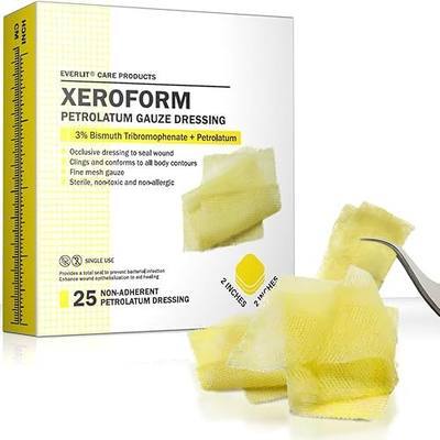 EVERLIT Xeroform Petrolatum Dressing | Sterile, Non-Adherent Occlusive Fine Mesh Gauze Pad | Non-Toxic, Gentle Patch for Burns, Laceration, Surgical Incisions & Skin Grafts (2" x 2" | Pack of 25)