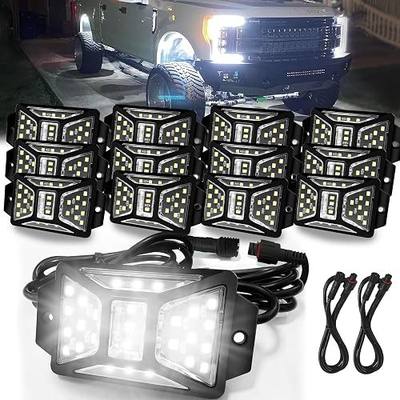 12 Pods Pure White Rock Lights with 2 Pack Connectors Extension Wires | Waterproof Rock Lights Compatible with Trucks UTV SUV ATV Boat Golf Cart, Two-Path Wiring Underglow Kits(Patented)