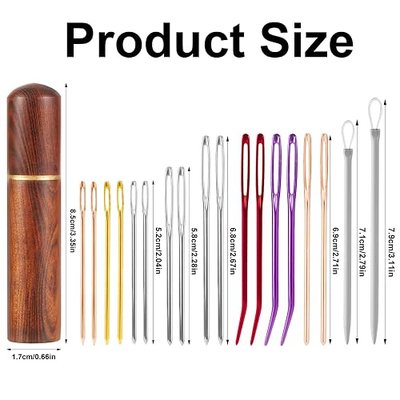19pcs Large Eye Sewing Needles Kit, Colorful Big Eye Embroidery Needles Steel Bent Tapestry Needles Hand Knitting Needle with Wooden Case for Quilting Crochet Weaving Beading Project