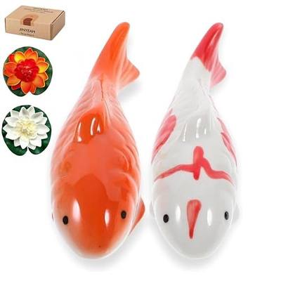 Ceramic Floating Koi Fish【china Glaze Craftsmanship】Pond Decor Ceramic Floating Fake Fish Goldfish Koi Decor for Floating Pond Fountain Birdbath Fake Aquarium Decor ( 2PCS Fish & 2PCS Lotus Flower)