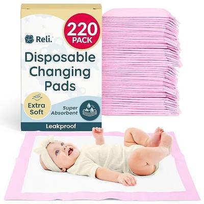 Reli. Disposable Changing Pads for Baby (220 Pack) | Disposable Diaper Changing Pads, 13" x 18" | Super Absorbent, Leak-Proof Liners | Waterproof, Quick Dry Underpads (Pink/White)